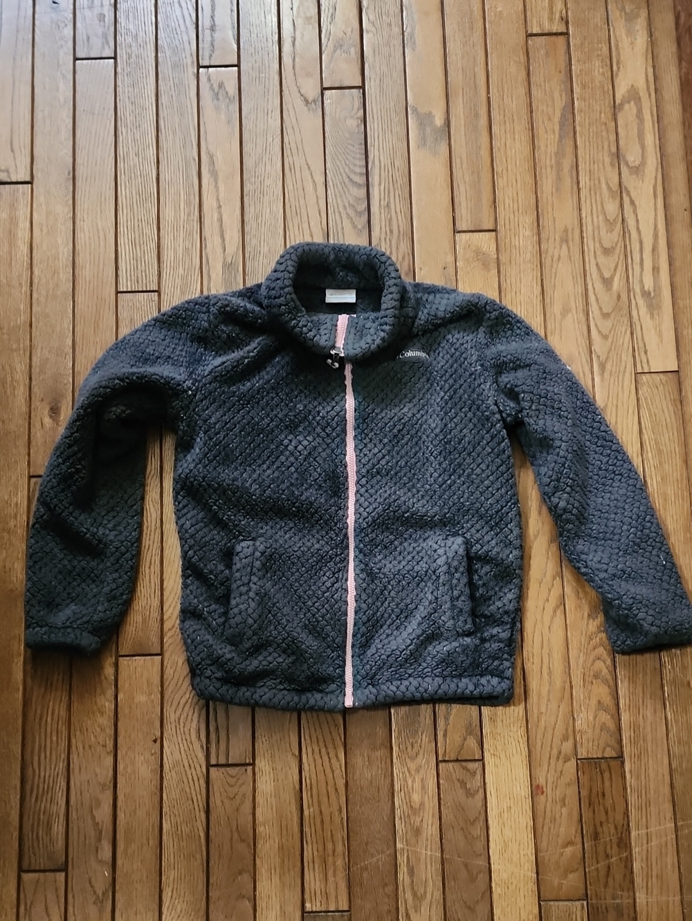 Columbia Dark Gray Puffer-Style Fleece Jacket with Pink Zipper